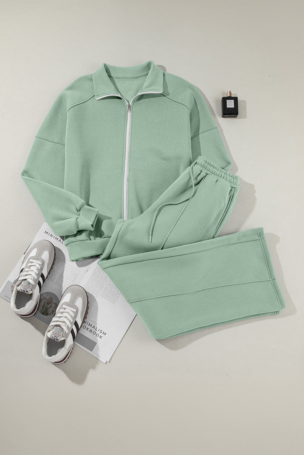 Drop Shoulder Zip Up Jacket Drawstring Pants Active 2pcs Set