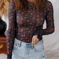 Floral Print Smocked Cuff Slim Fit Mesh Bodysuit