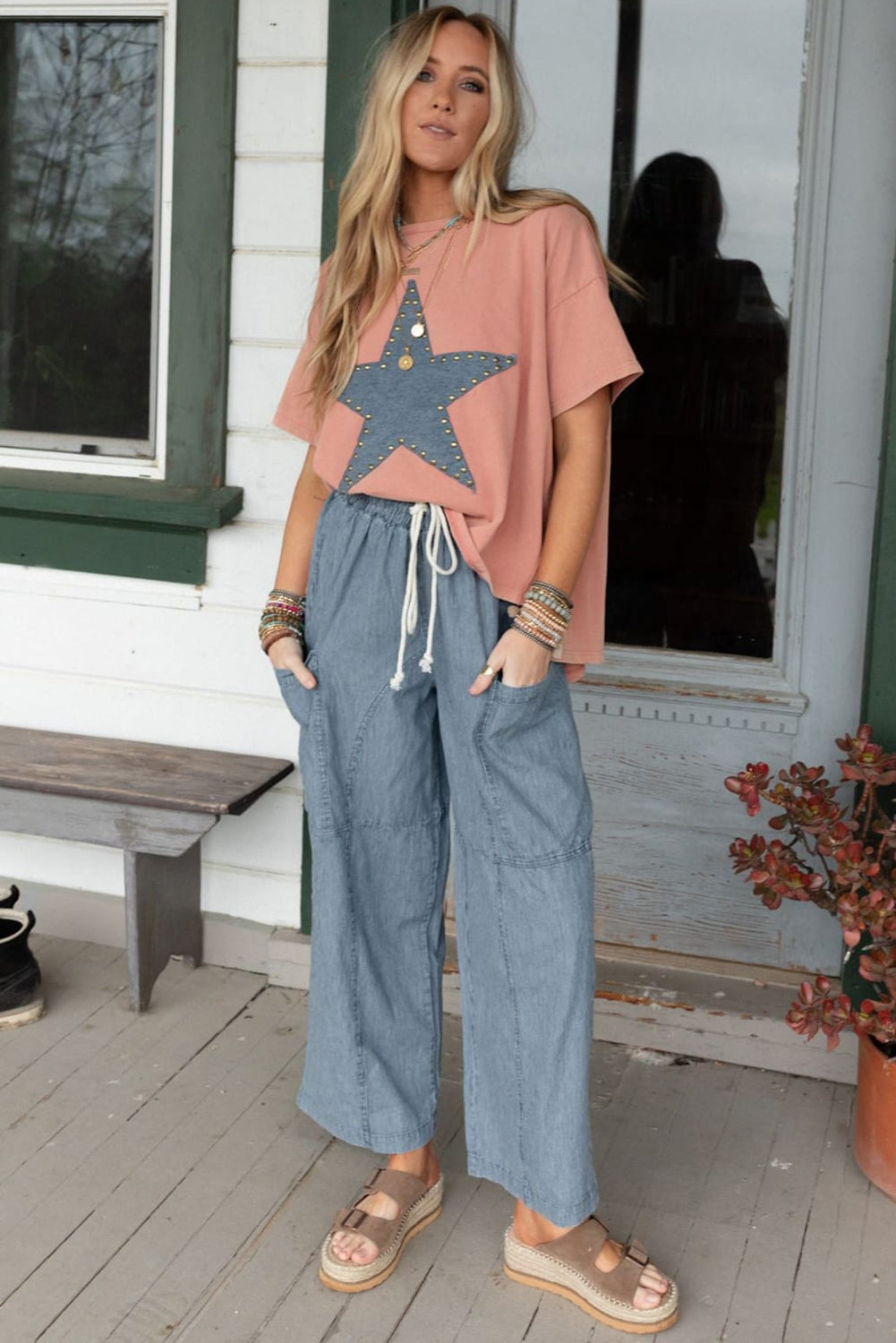 Mineral Wash Studded Star Patch Tee