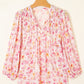 Floral Print Tassel Tie Smocked V Neck Puff Sleeve Tunic Blouse