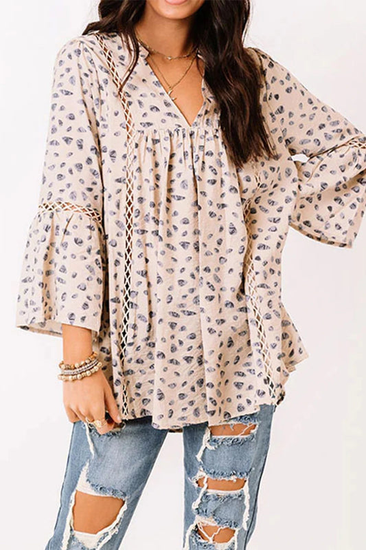 Boho Notch Neck Bell Sleeve Peasant Blouse