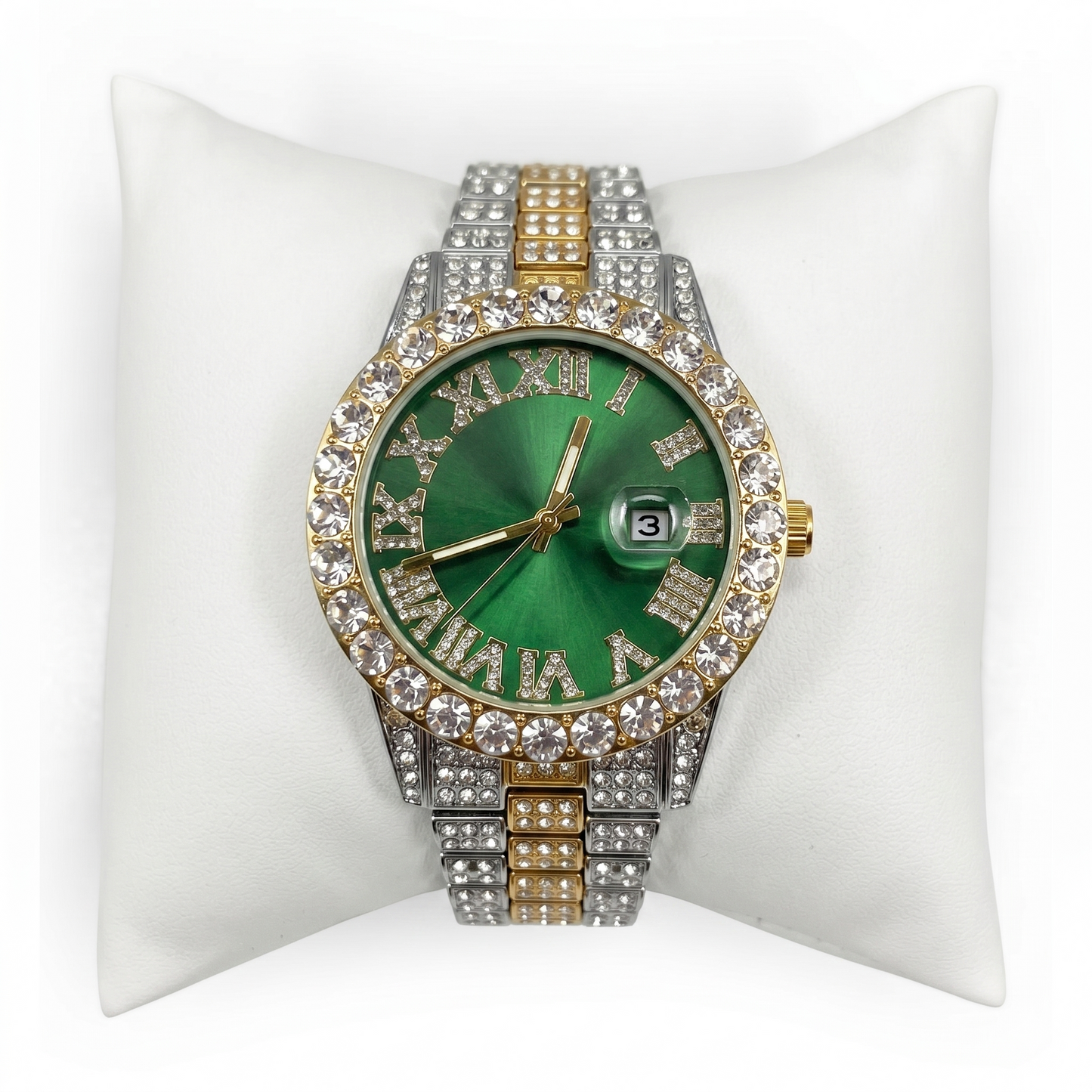 Diamond Green Gold Silver Band Watch