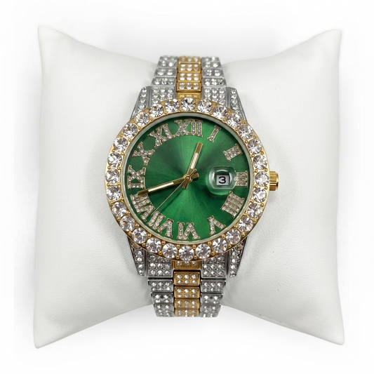 Diamond Green Gold Silver Band Watch