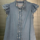 Button Front Ruffled Flutter Frayed Denim Top