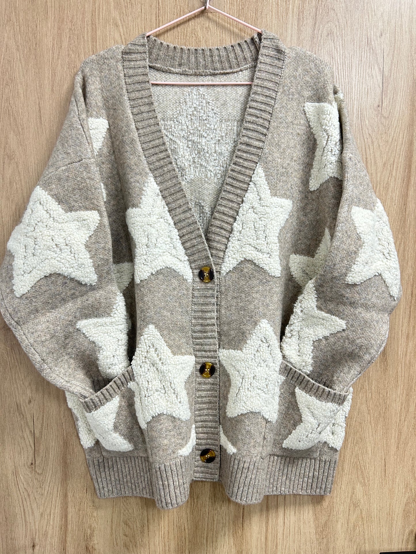 Star Textured Sweater Pockets Cardigan