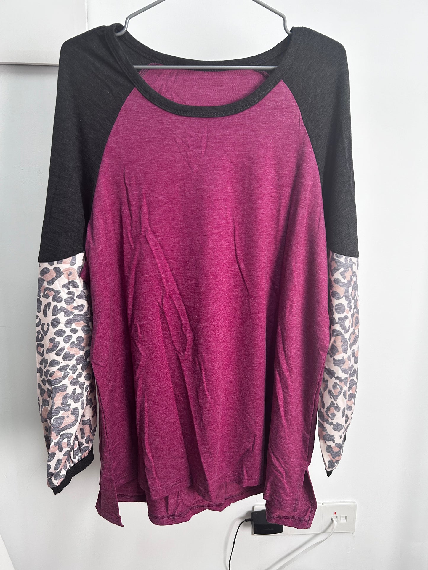 Leopard Colorblock Long Sleeve Plus Size Top