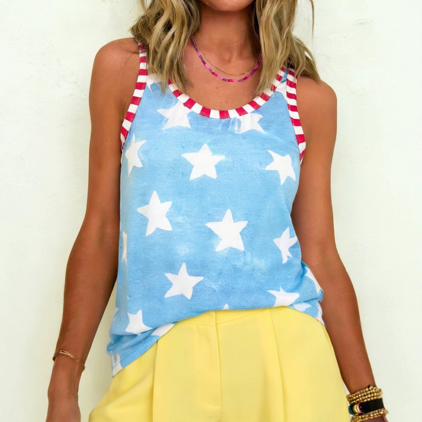Sky Blue Tie Dye Star Print Striped Trim Round Neck Casual Tank Top