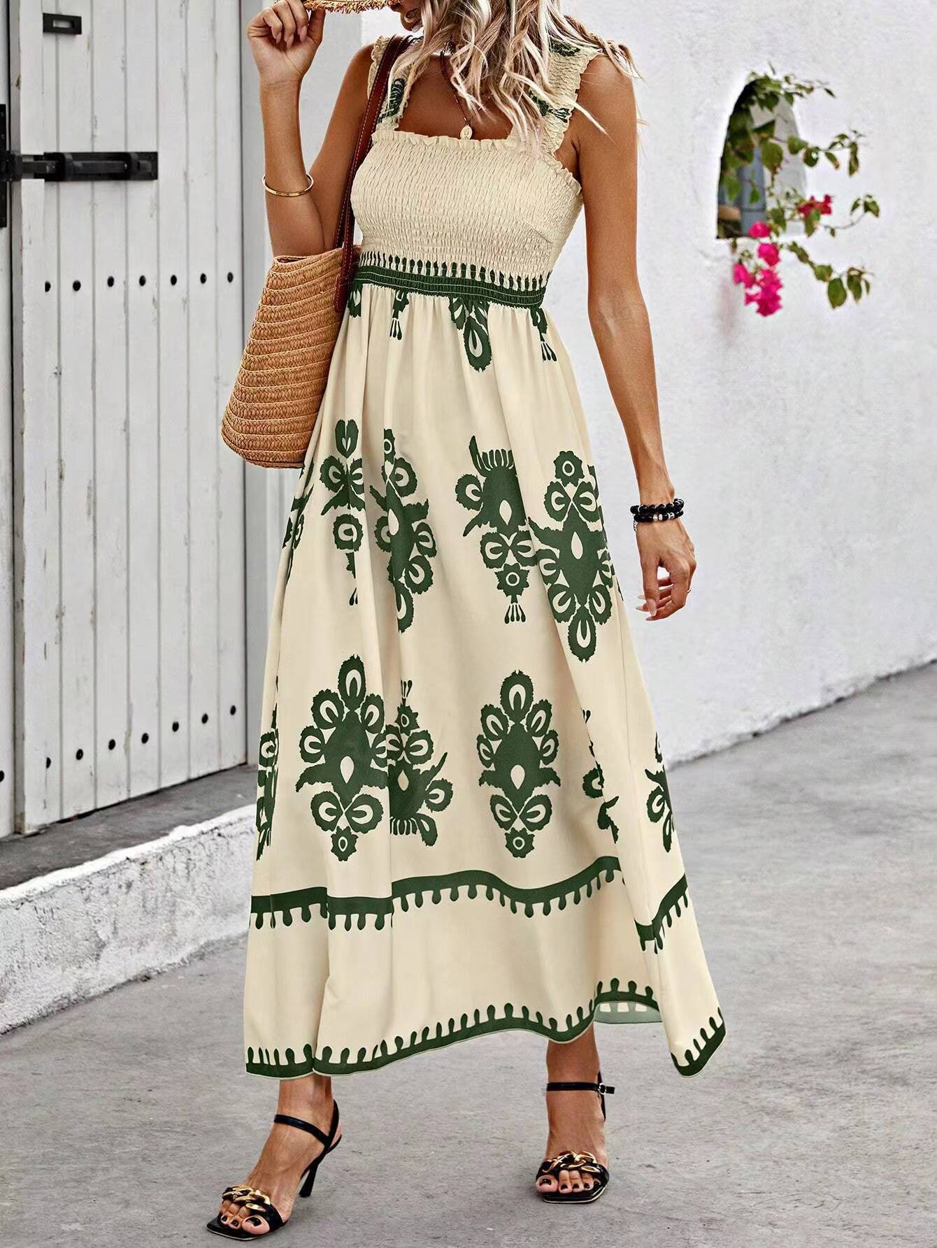 Print Shirred Wide Strap Dress