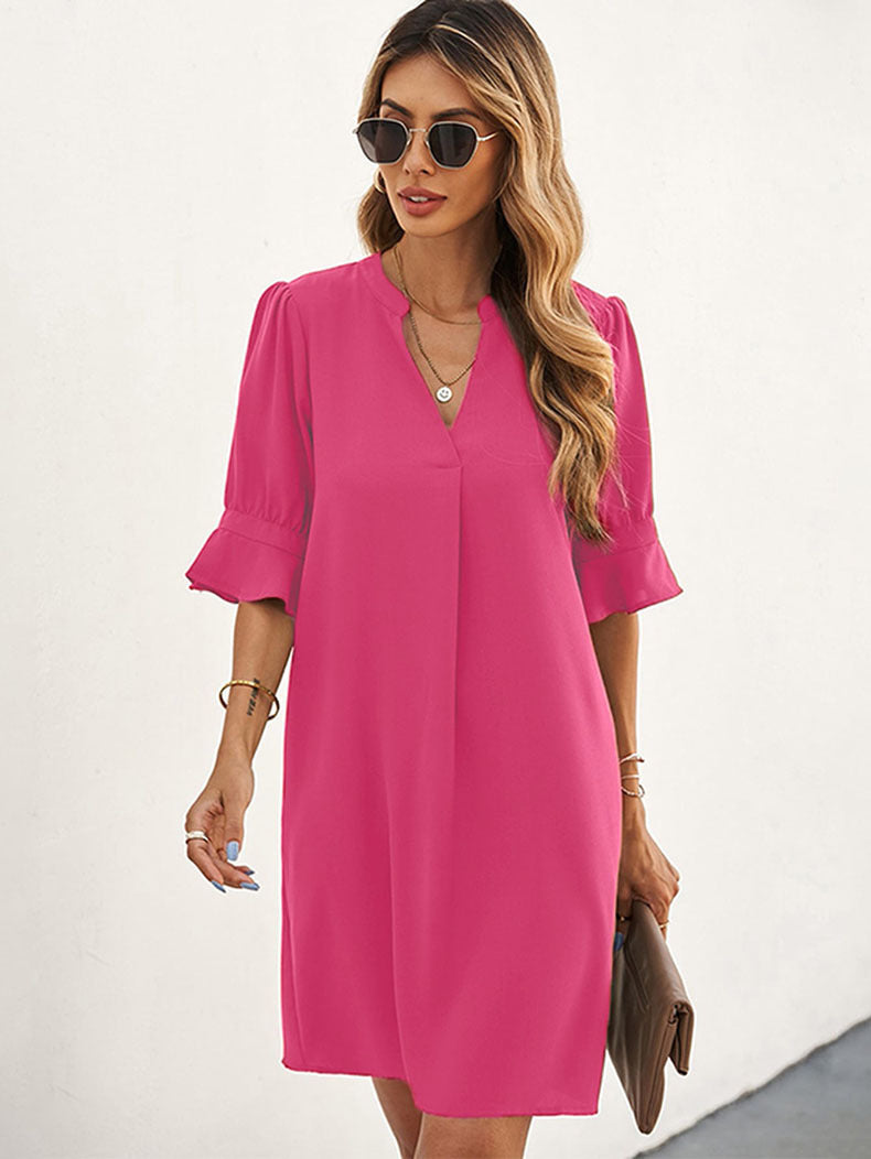 Notched Neck Flounce Sleeve Tunic Dress