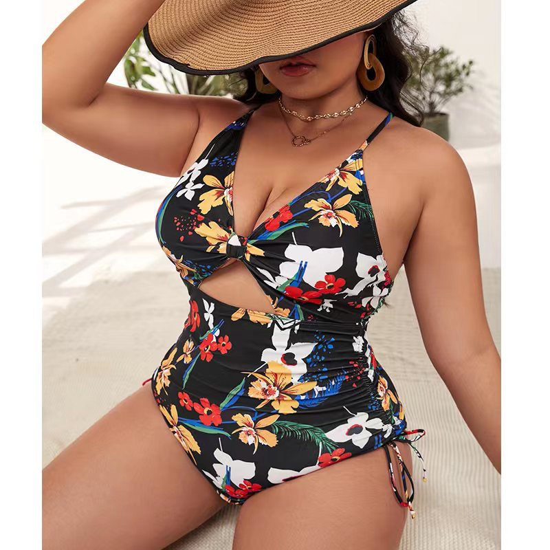 Plus Size Floral Hollow One-piece Swimsuit