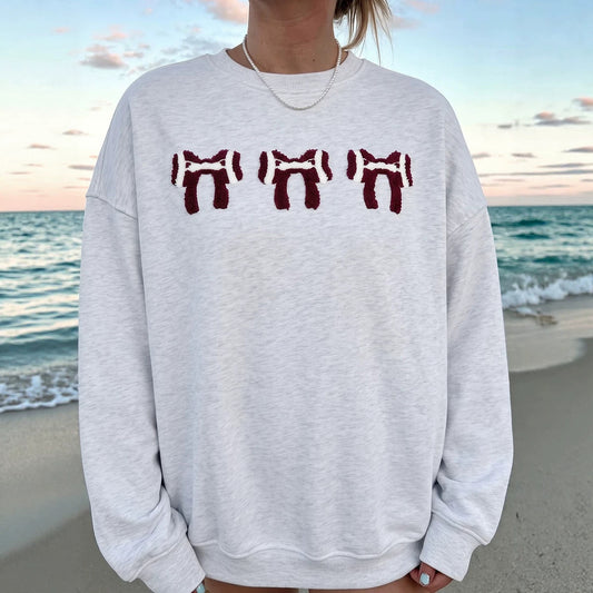Gray Chenille Embroidered Rugby Bow Game Day Oversized Sweatshirt