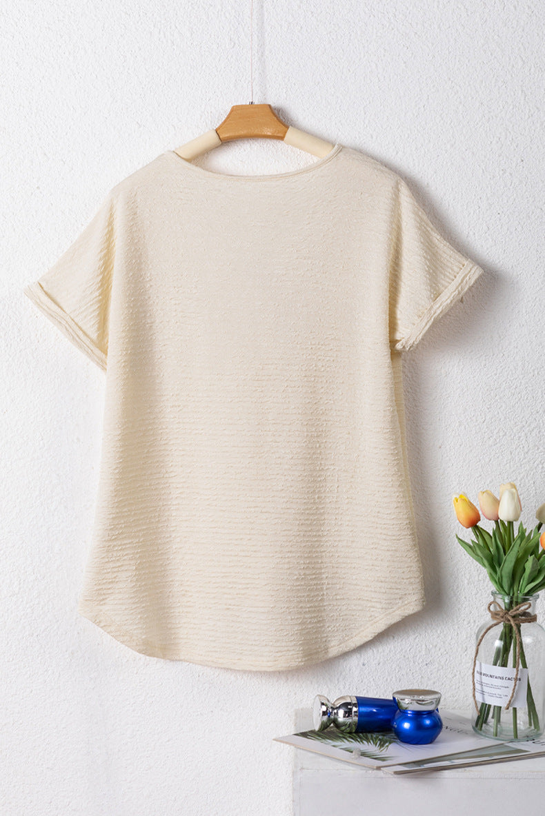 Bright Pink Textured Wide Sleeve V Neck T Shirt