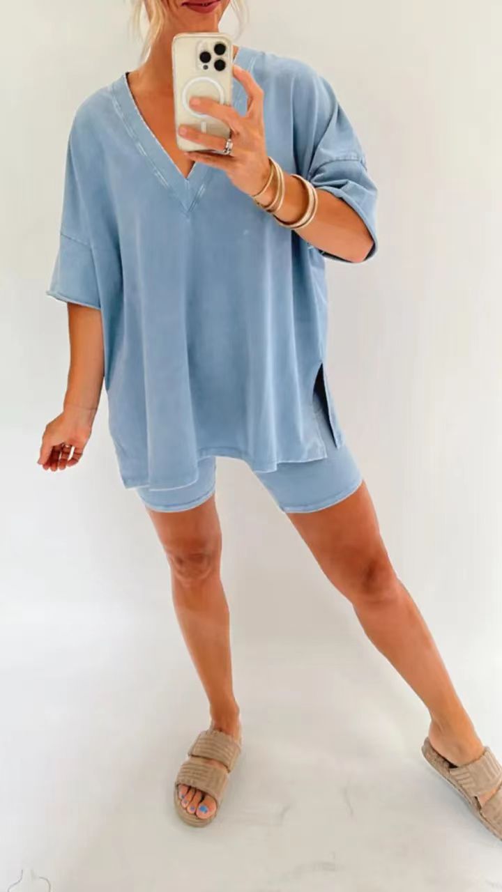 Solid Color Loose V-neck Comfy Set