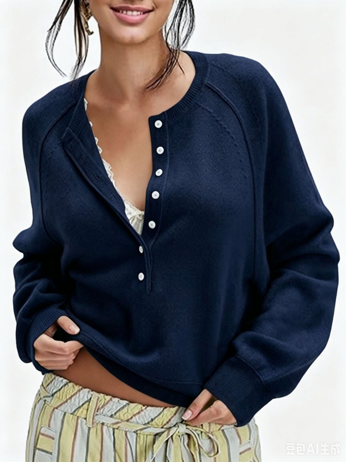 Crew Neck Button Front Knit Pullover