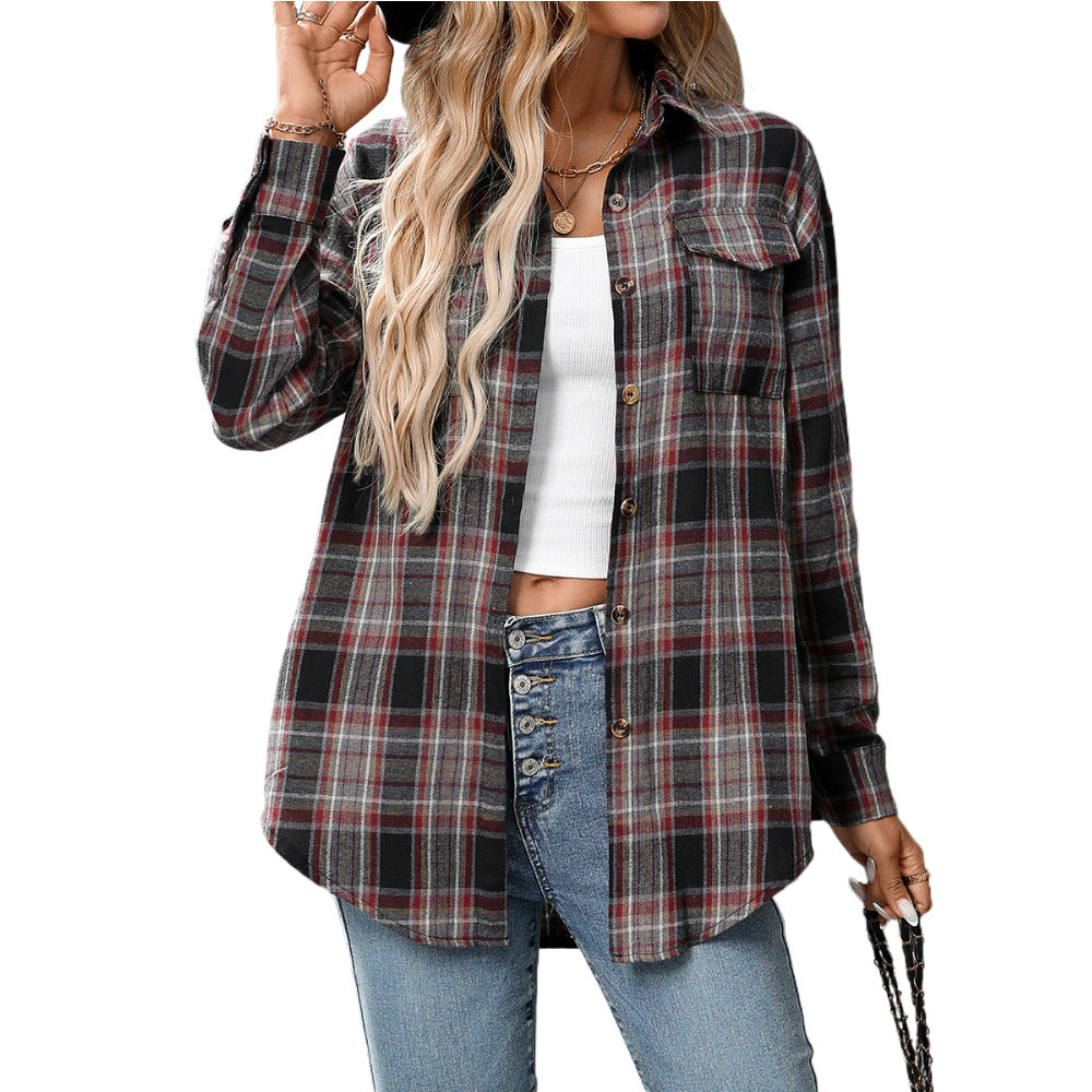 Loose Plaid Pocket Shirt for Women