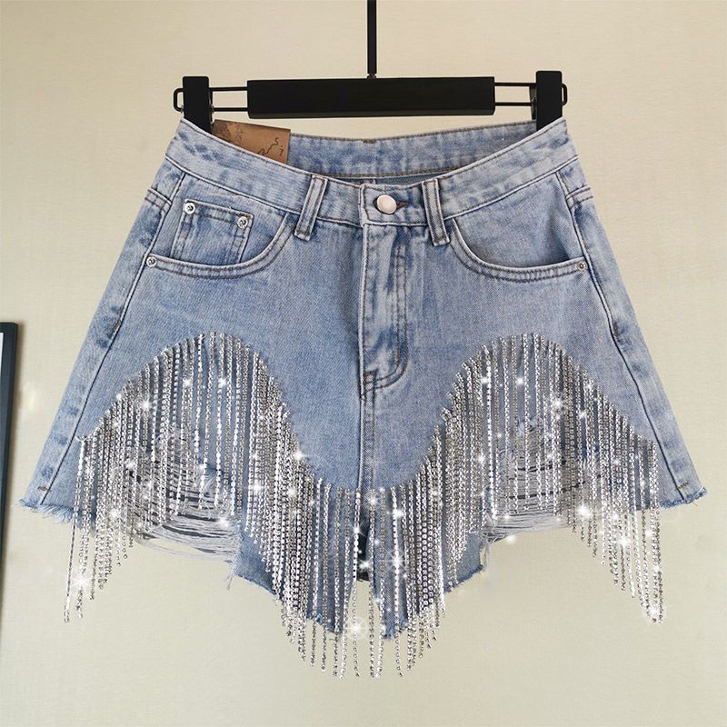 Rhinestone Tassel Chain Denim Shorts