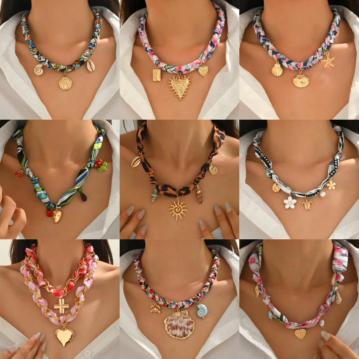 Silk Scarf with Leopard Print Braided Knot Collarbone Chain