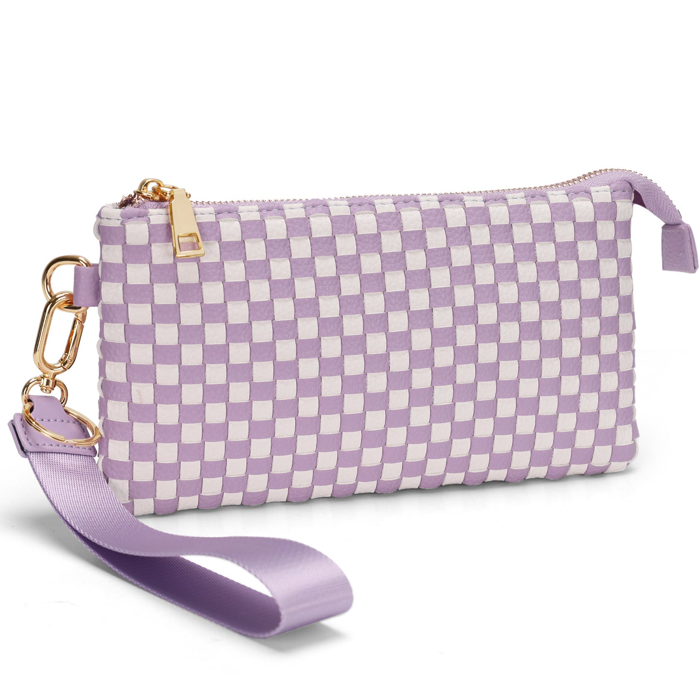Checkered Woven Clutch Wristlet PU Leather Large Size Patterned Wallet