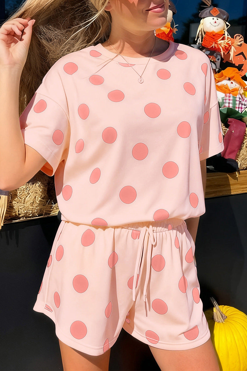 Polka Dot Print Loose Tee Drawstring Elastic Waist Short Set