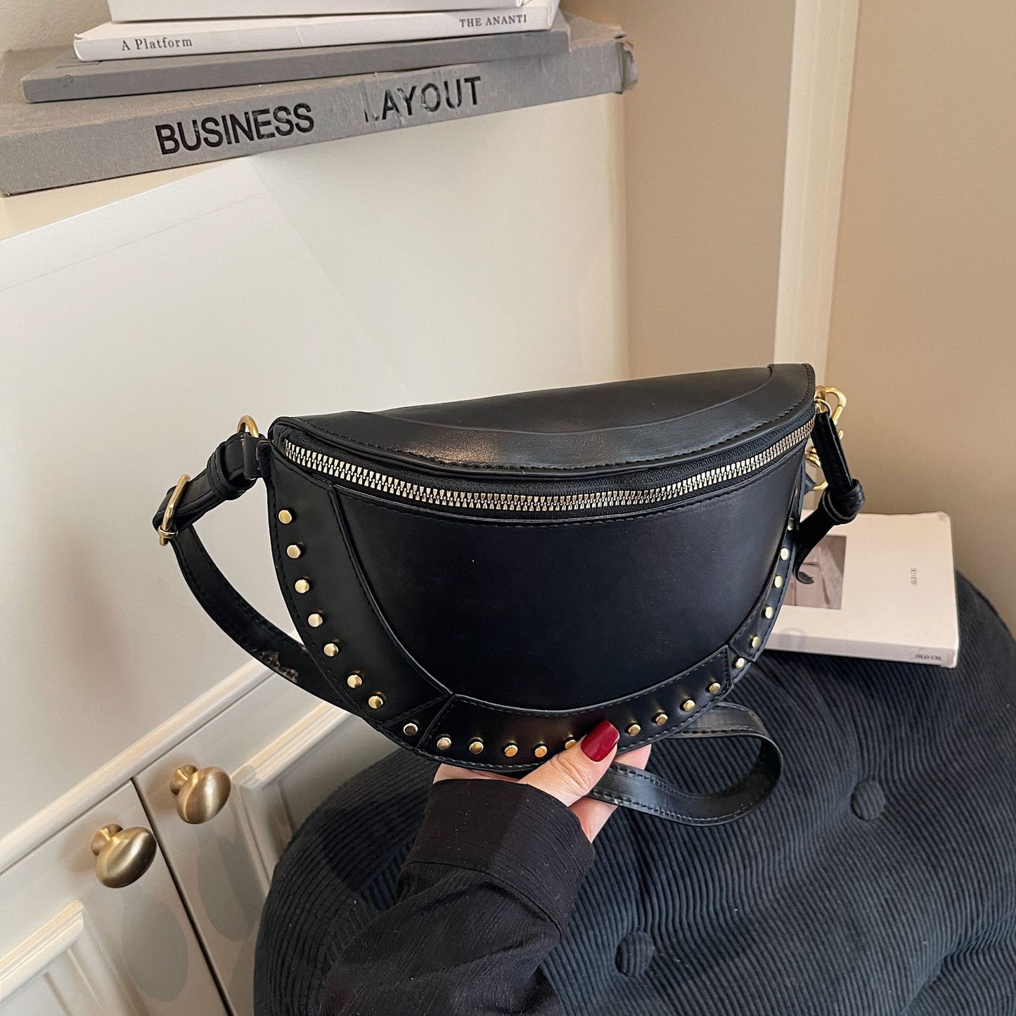 Retro Half Moon Studded Vagen Leather Crossbody Bag
