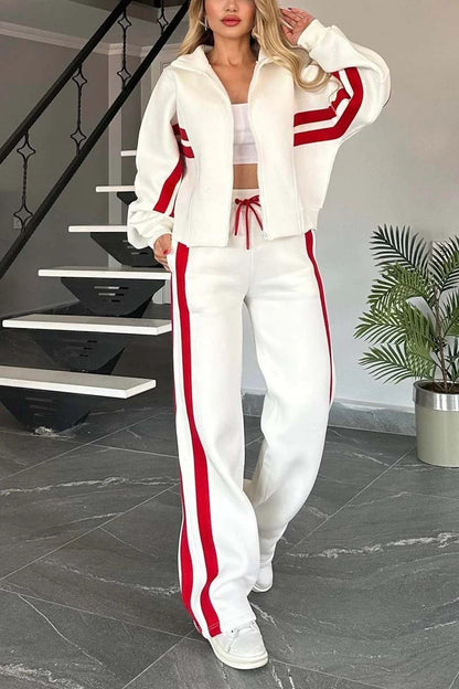 Striped Zipper Top Jacket Casual Sports Suit Women