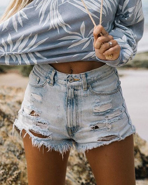 High-waisted Ripped Fringed Denim Shorts