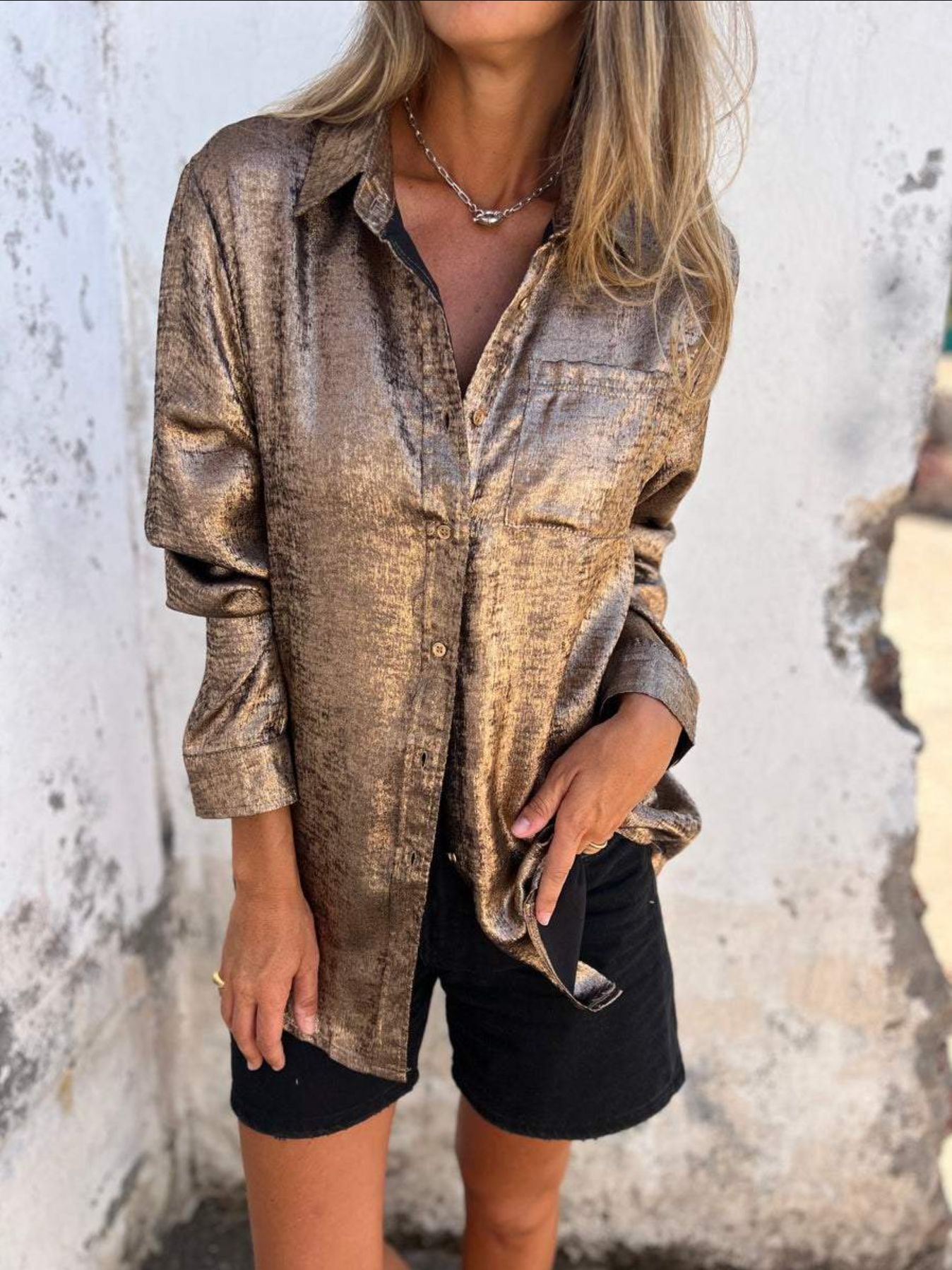 Casual Metallic Stylish Roll-Neck Shirt