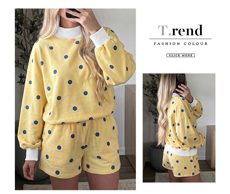 Yellow Polka Dot Ribbed Trim Long Sleeve Top Casual Short Set