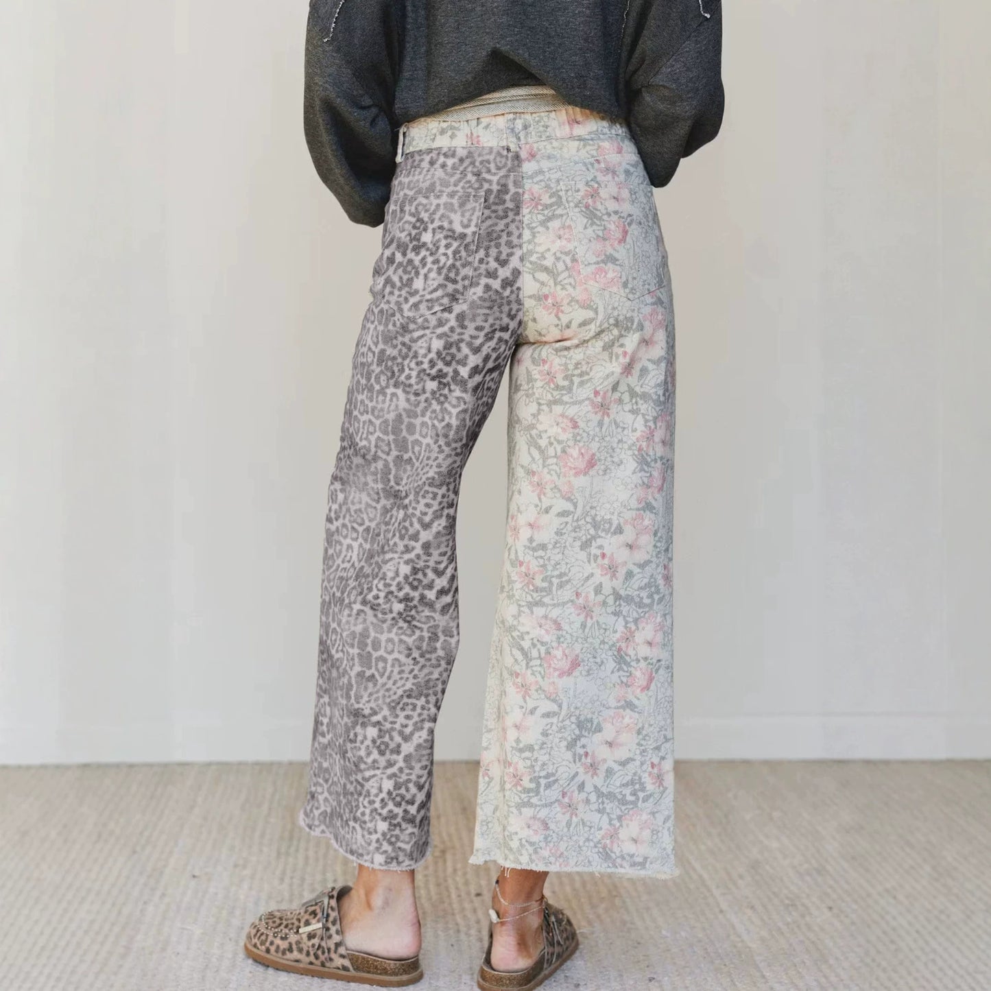 Multicolour Retro Floral Leopard Contrast Patchwork Raw Hem Jeans