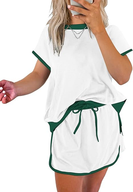 2Pcs Set Colorblock Edge Drop Shoulder T Shirt and Skirt