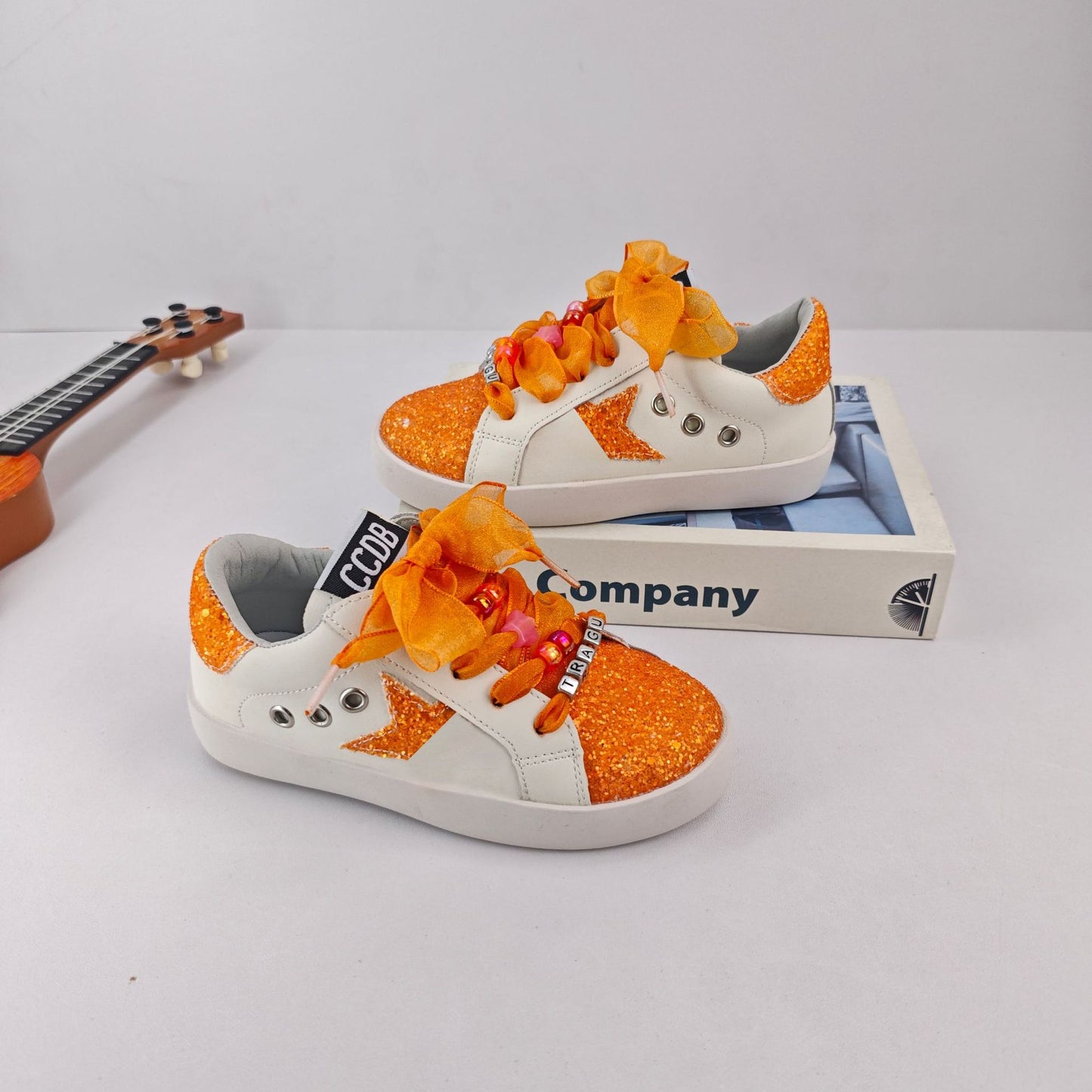 Glitter Star Orange Organza Laced Sneakers