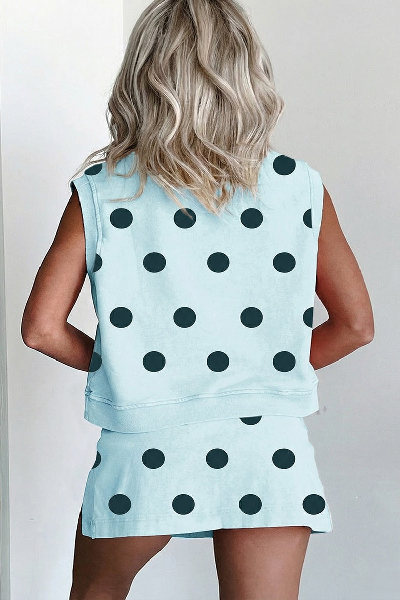 Trim Polka Dot Print Tank Split Mini Skort 2pcs Set