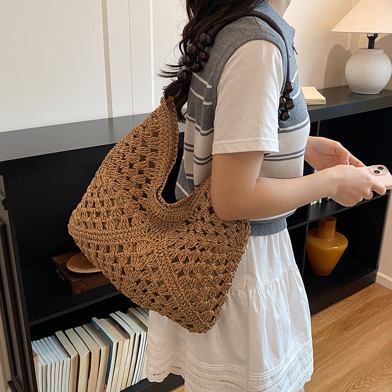 Women Boho Woven Mesh Beach Tote Bag Large Capacity Crochet Vacation Shoulder Handbag