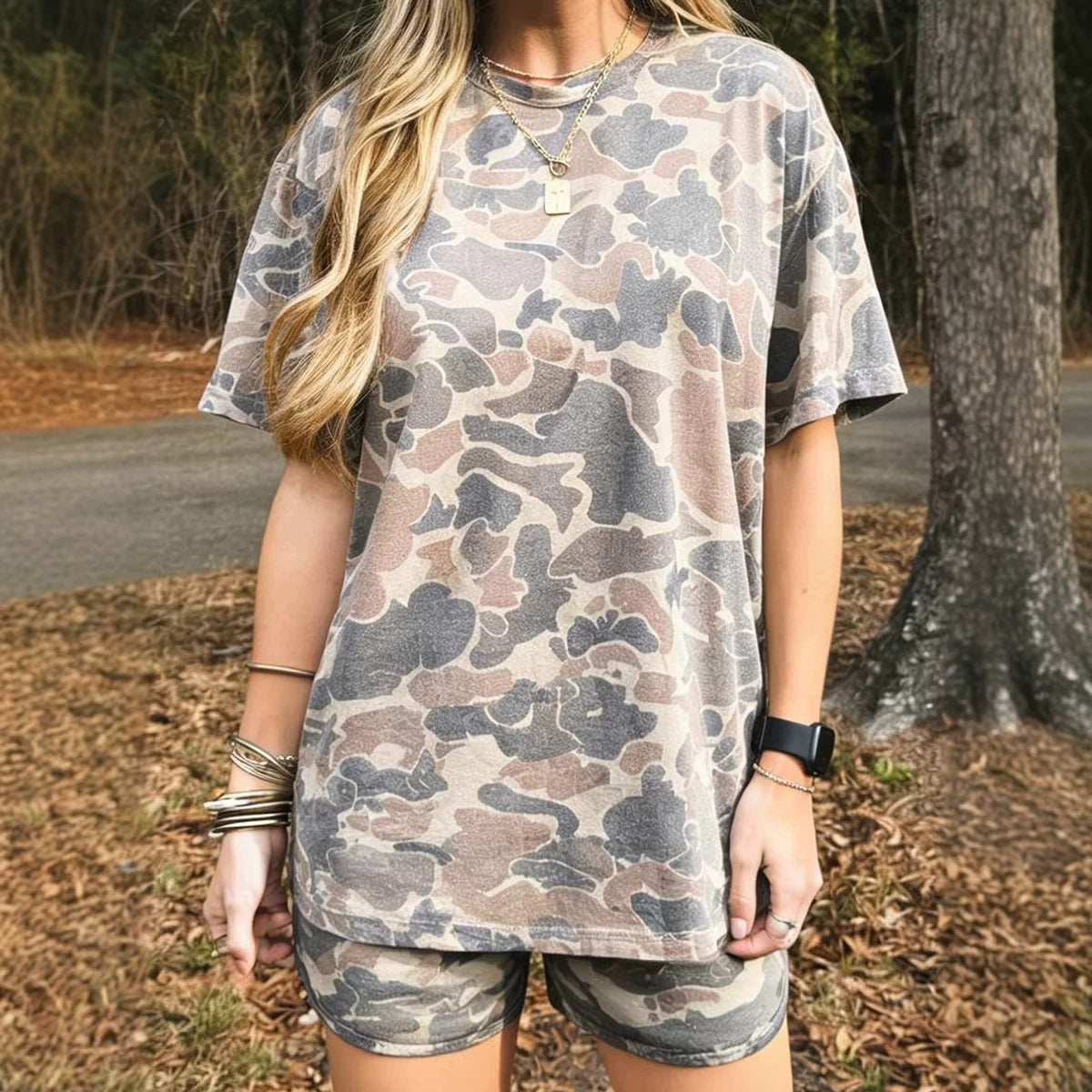 Multicolour Camouflage Loose Tee Drawstring Shorts 2pcs Outfit