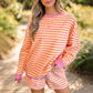 Yellow Stripe Color Block Trim Round Neck Long Sleeve Top Casual Shorts 2pcs Set