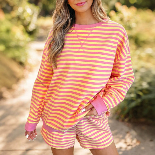 Yellow Stripe Color Block Trim Round Neck Long Sleeve Top Casual Shorts 2pcs Set