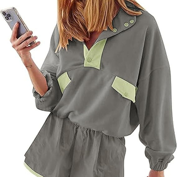 Contrast Color Stitching Long-sleeved Top and Shorts Set(moq2）