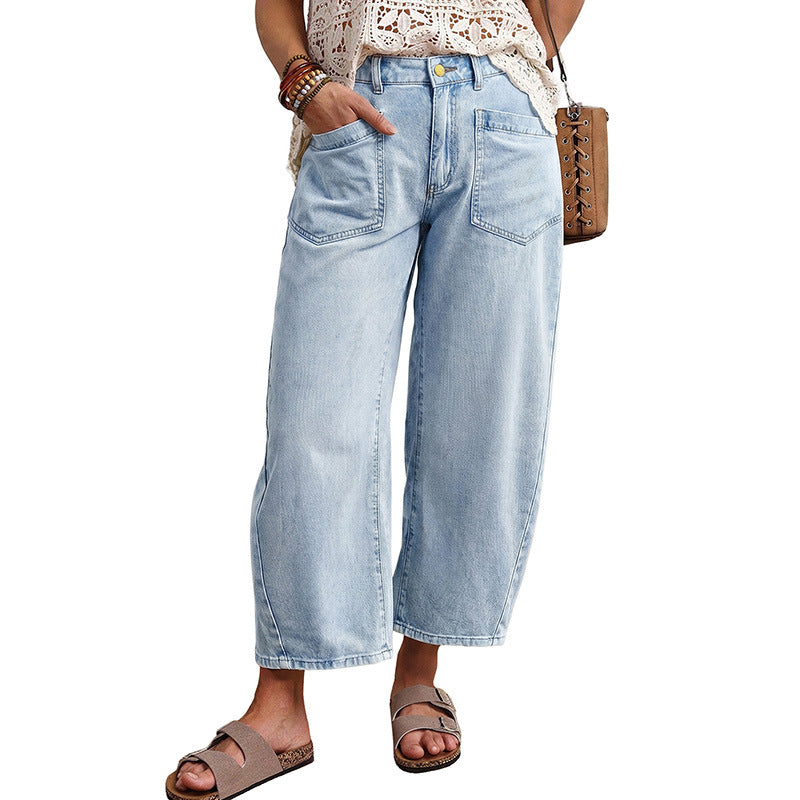 Square Patch Pocket Ankle-length Barrel Jeans