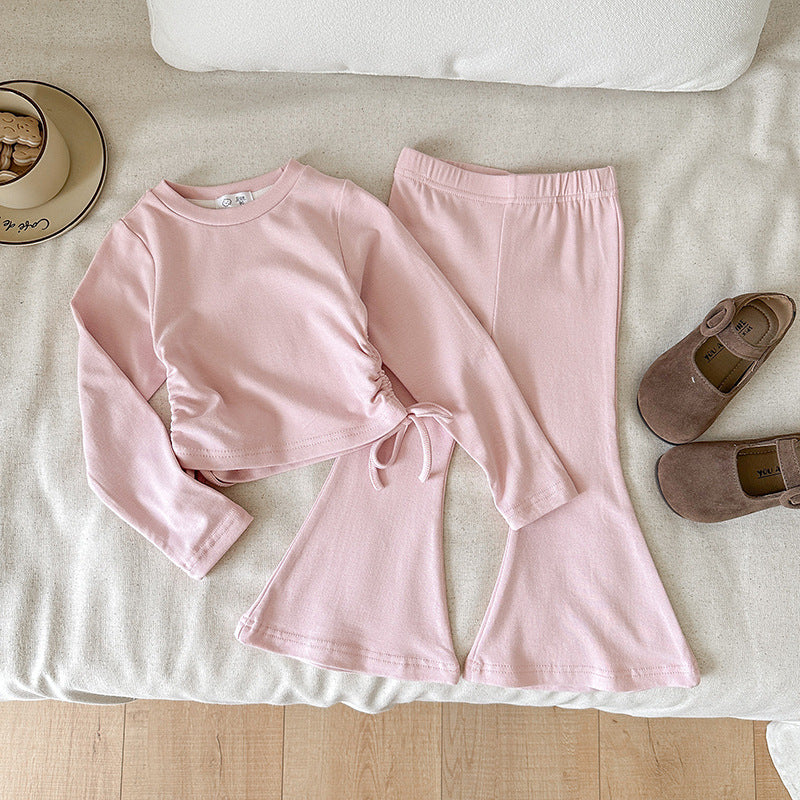 Girls' slim-fit solid color top and flared pants suit