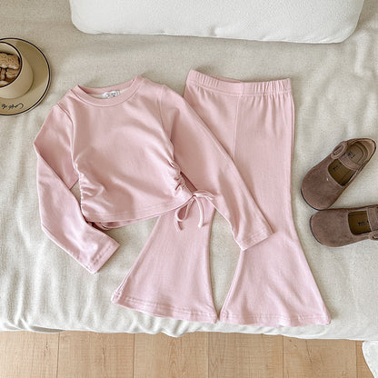 Girls' slim-fit solid color top and flared pants suit