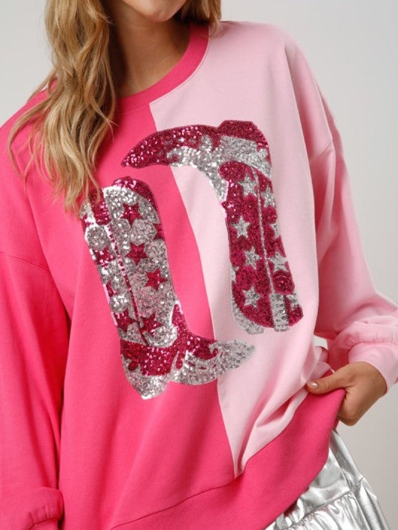 Valentine's Day Pink Boots Sequin Sweatshirt