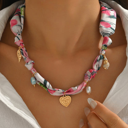 Silk Scarf with Leopard Print Braided Knot Collarbone Chain