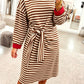 Khaki Stripe Striped Colorblock Cuffs Round Neck Long Sleeve Shift Dress