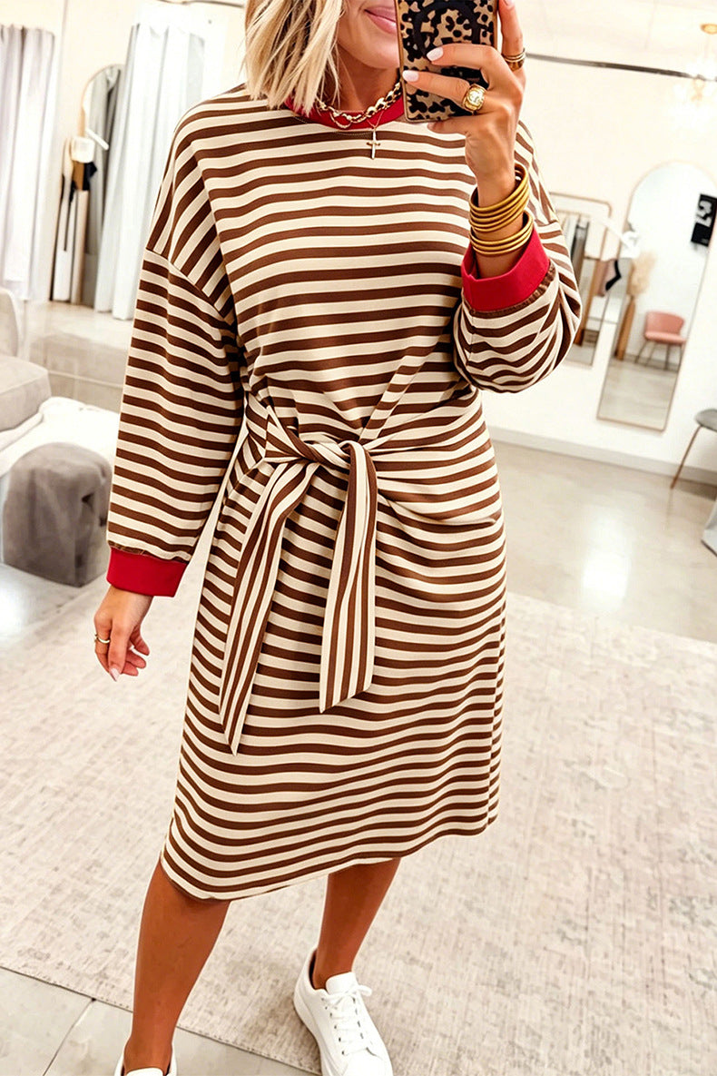 Khaki Stripe Striped Colorblock Cuffs Round Neck Long Sleeve Shift Dress