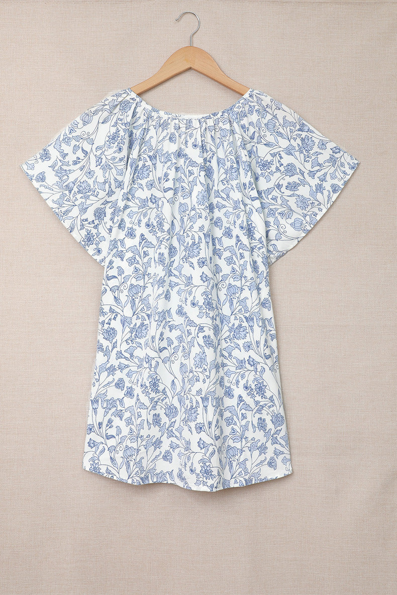 V-neck Short Sleeve Fashion Print Fantasy Fluttering Blouse