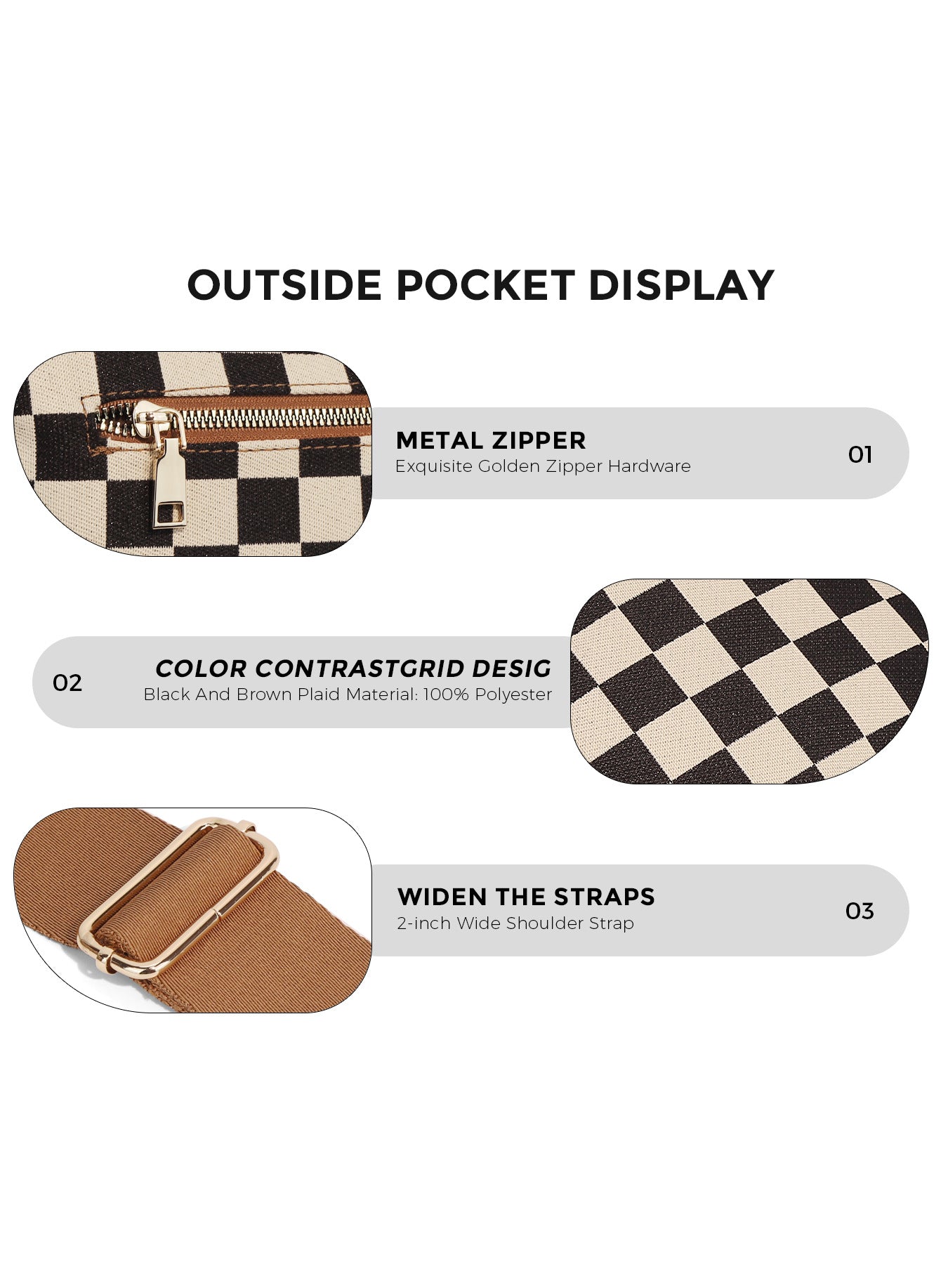 Checkered Crossbody Bag with Detachable Pouch