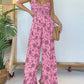 Button V-neck Floral Suspender Jumpsuit