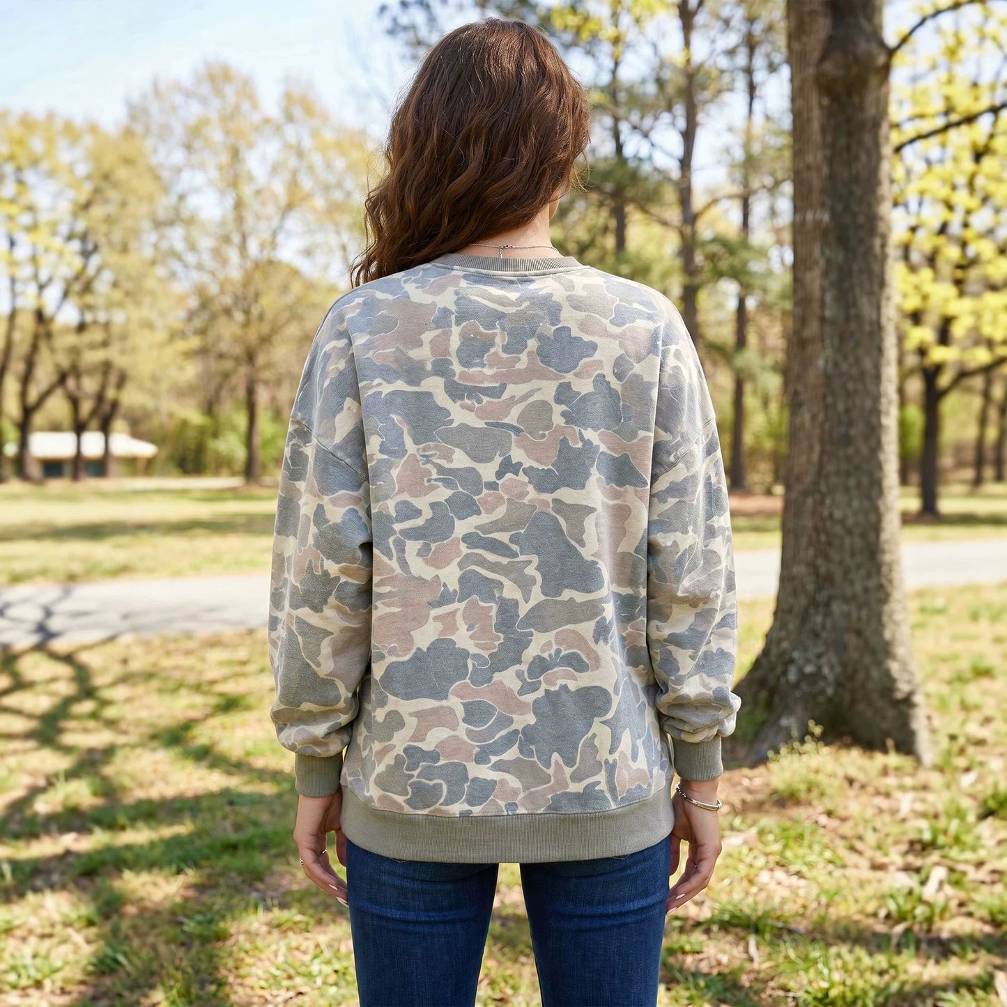 Multicolour Camo Print Ribbed Trim Casual Pullover Sweatshirt