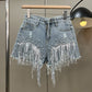 Fringed Rhinestone High-rise Denim Shorts