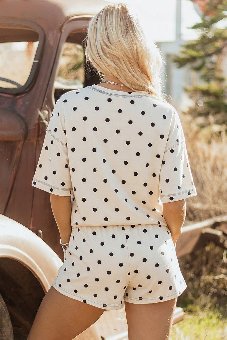 Polka Dot Short Sleeve Loose Top Drawstring Shorts Set